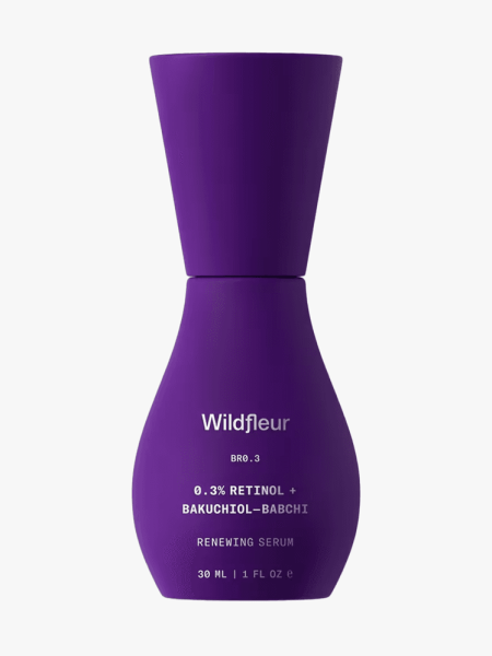 Wildfleur Pure Retinol 0.3% + Bakuchiol Renewing Serum in branded component on a light gray background