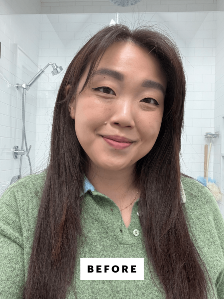 A selfie of Allure contributing commerce writer Christa Joanna Lee before using the Lange VersaWaver